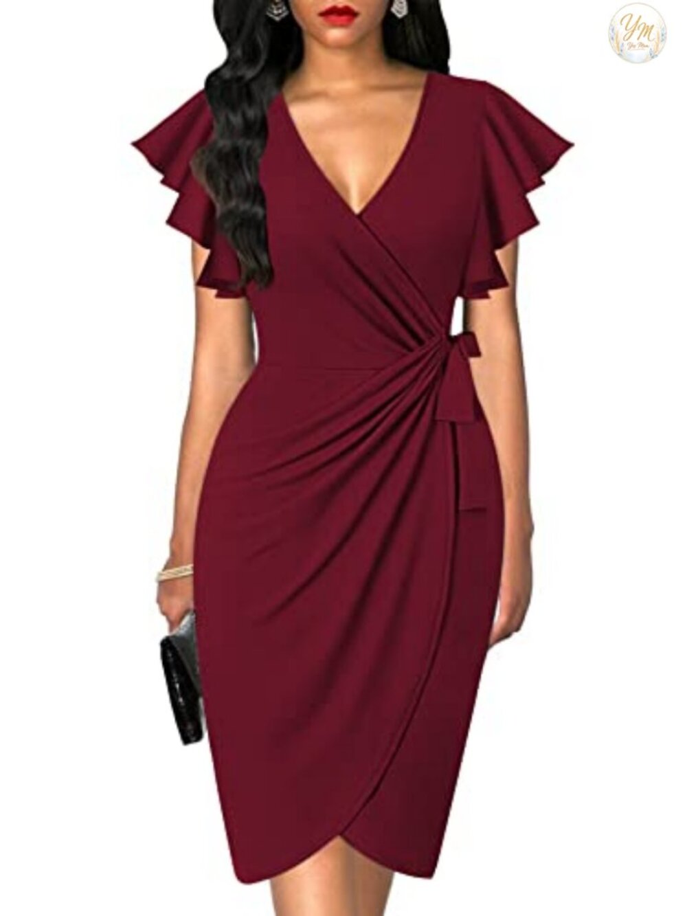 Faux Wrap Dress Ruffle Sleeve V-Neck Business Casual Cocktail